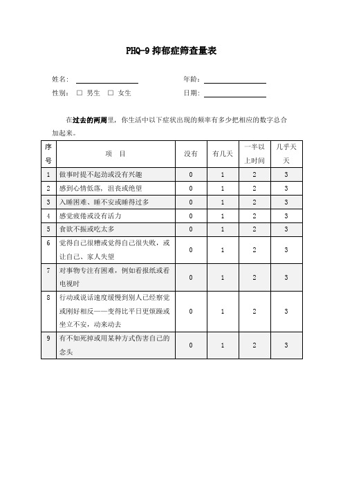 PHQ-9抑郁症筛查量表及计分规则