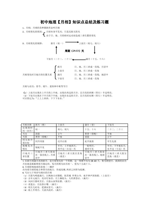 初中地理【月相】知识点总结及练习题