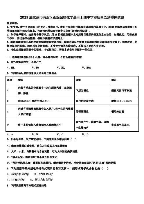 2025届北京市海淀区市级名校化学高三上期中学业质量监测模拟试题含解析