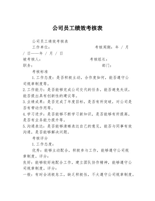 公司员工绩效考核表