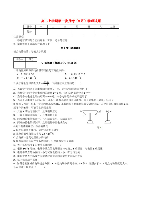 方城一高高二物理上学期第一次月考(9月)试题