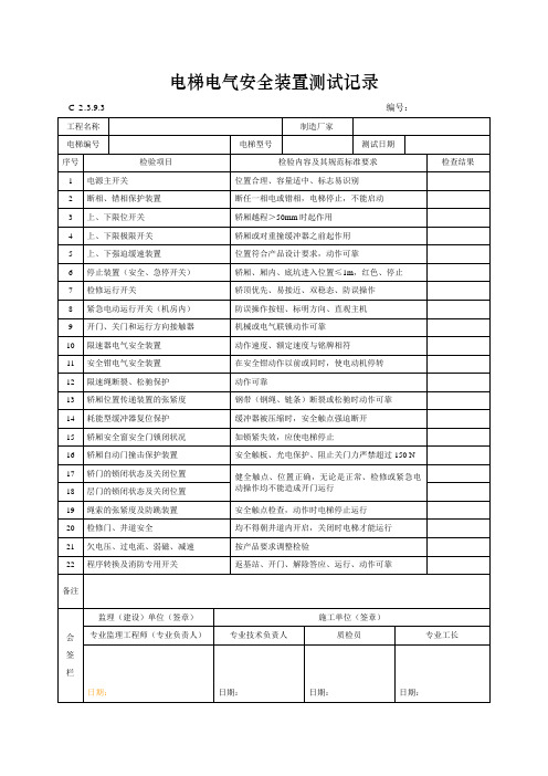 电梯电气安全装置测试记录