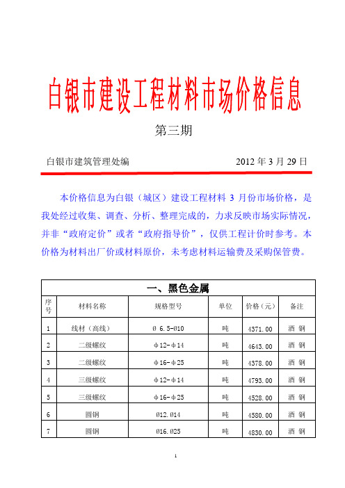 白银市建设工程材料市场价格信息第三期