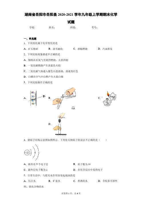 湖南省岳阳市岳阳县2020-2021学年九年级上学期期末化学试题(word版 含答案)