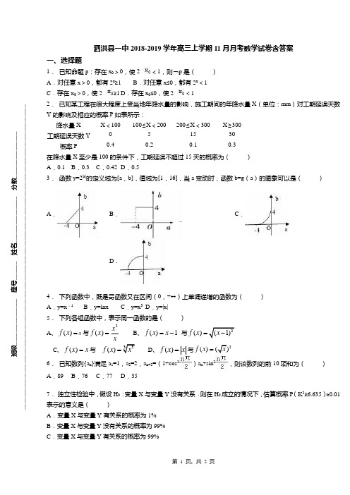 泗洪县一中2018-2019学年高三上学期11月月考数学试卷含答案