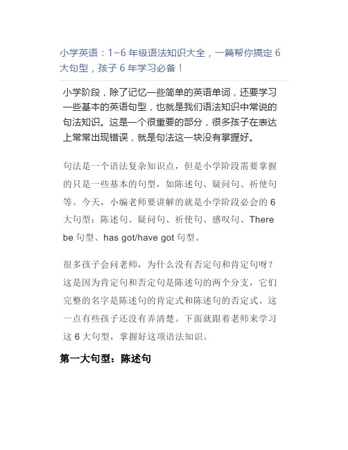 小学英语：1~6年级语法知识大全,一篇帮你搞定6大句型,孩子6年学习必备