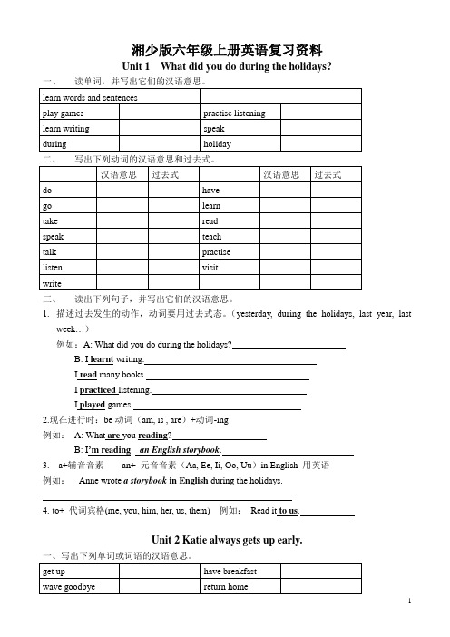 湘少版六年级上册英语复习资料教案