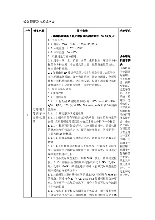 设备配置及技术规格表