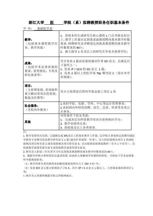 浙江大学医学院(系)拟聘教授职务任职基本条件