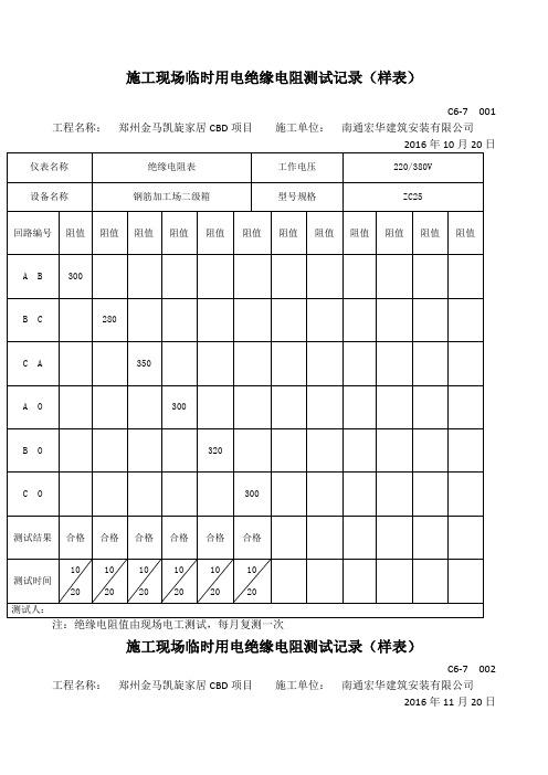 施工现场临时用电绝缘电阻测试记录