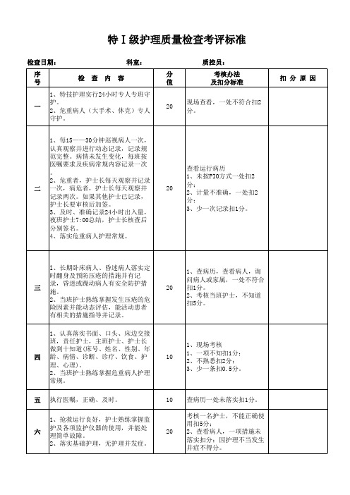 特一级护理质量检查考评标准