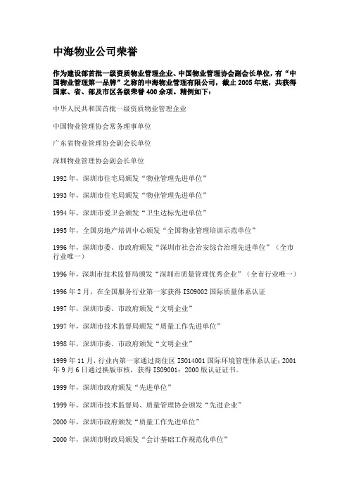 中海物业公司荣誉