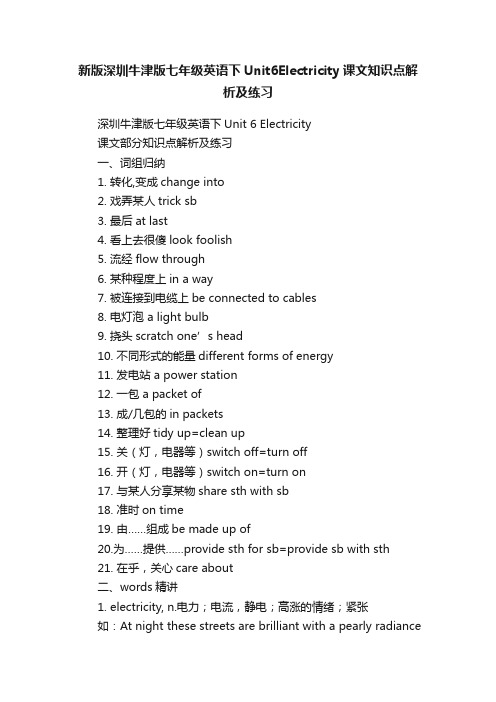 新版深圳牛津版七年级英语下Unit6Electricity课文知识点解析及练习