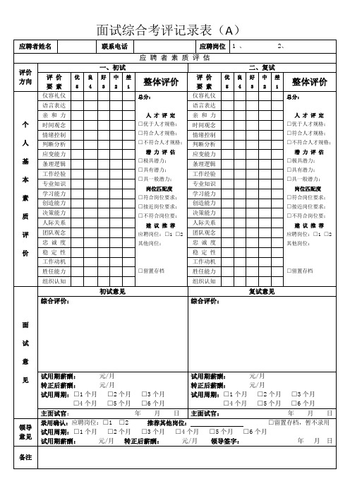 面试综合考评记录表(A、B表)