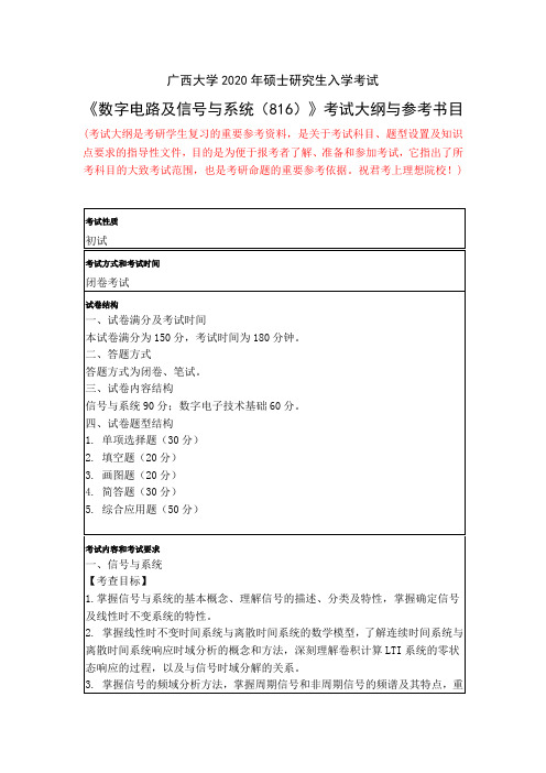 广西大学2020年硕士研究生入学考试《数字电路及信号与系统(816)》考试大纲与参考书目