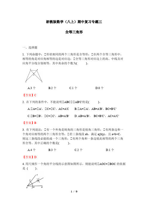 专题三 全等三角形的判定-浙教版八年级数学上册期中复习专题训练