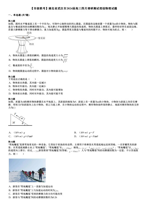 【市级联考】湖北省武汉市2024届高三四月调研测试理综物理试题