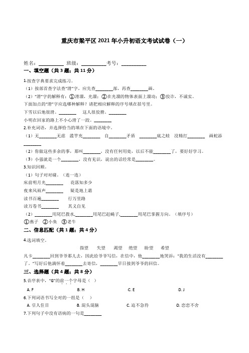 统编版六年级语文下册试卷重庆市梁平区2021年小升初语文试卷(一)(附答案)