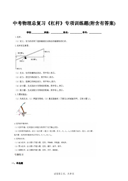 中考物理总复习《杠杆》专项训练题(附含有答案)