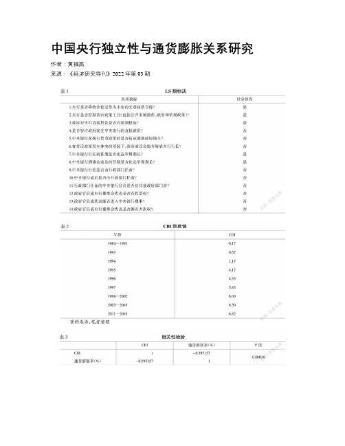 中国央行独立性与通货膨胀关系研究