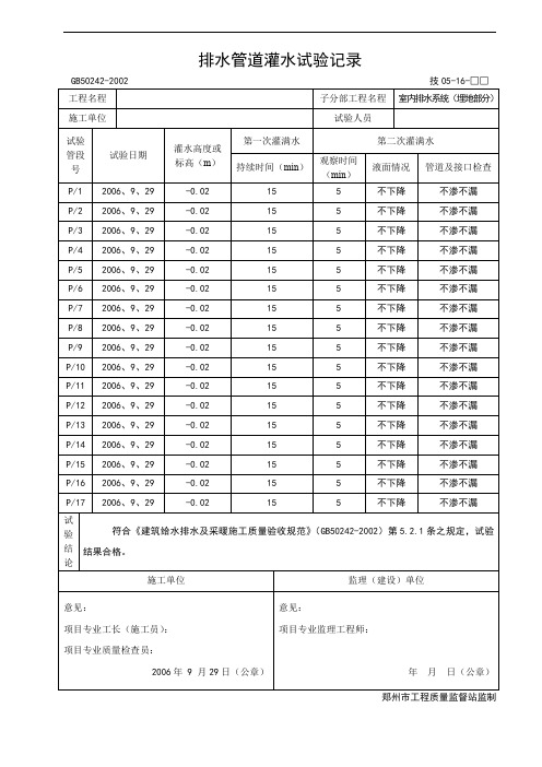 排水管道灌水试验记录