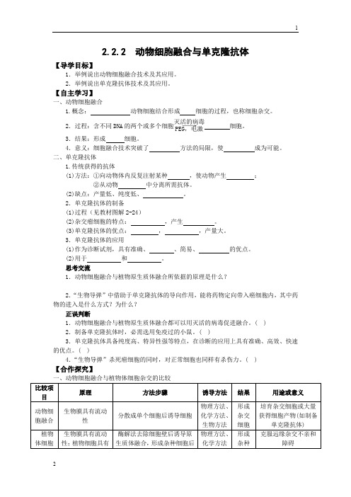 人教版高中生物选修三学案：2.2.2 动物细胞融合与单克隆抗体