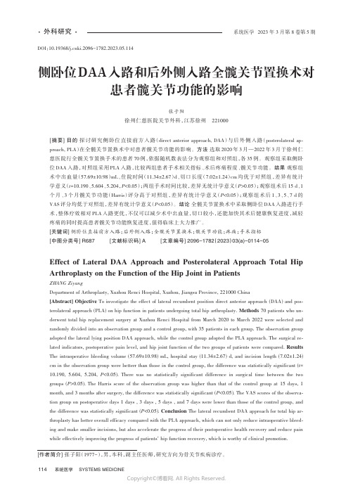 219486450_侧卧位DAA入路和后外侧入路全髋关节置换术对患者髋关节功能的影响