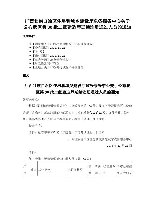 广西壮族自治区住房和城乡建设厅政务服务中心关于公布我区第30批二级建造师延续注册通过人员的通知