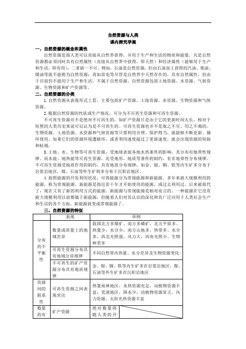 鲁教版高一地理必修《自然资源与人类》课内探究导学案