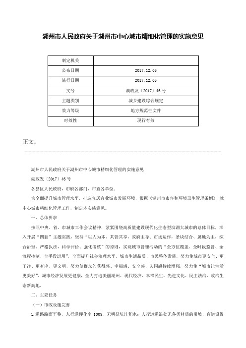 湖州市人民政府关于湖州市中心城市精细化管理的实施意见-湖政发〔2017〕46号