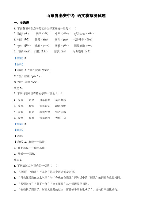 2021年山东省泰安市中考模拟语文试题(含答案及解析)