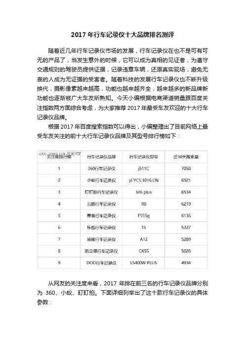 2017年行车记录仪十大品牌排名测评