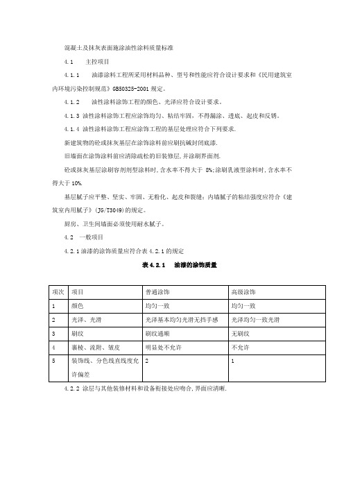 混凝土及抹灰表面施涂油性涂料质量标准