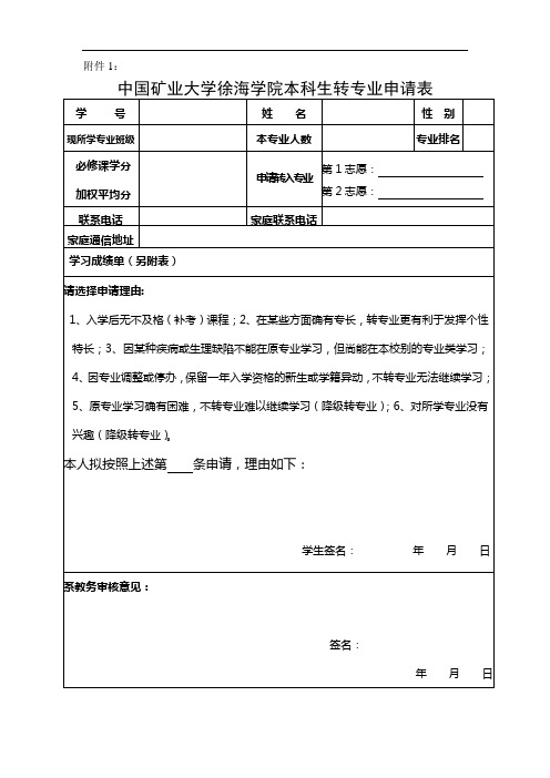 中国矿业大学徐海学院本科生转专业申请表