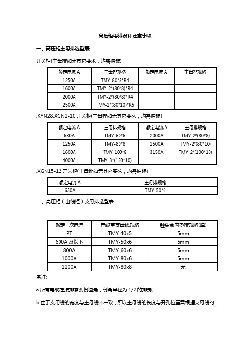 高压柜母排设计选型表