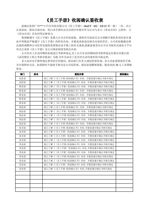 《员工手册》收阅确认签收表