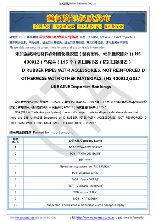 未加强或其他材料合制硫化橡胶管(装有附件…(HS 400912)2017 乌克