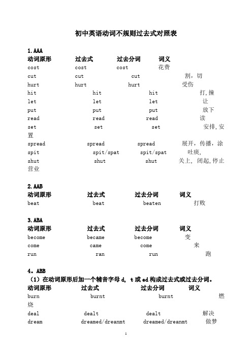 初中英语动词不规则过去式对照表