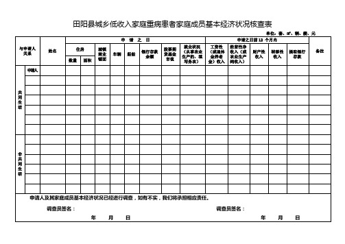 田阳城乡低收入家庭重病患者家庭成员基本经济状况核查表