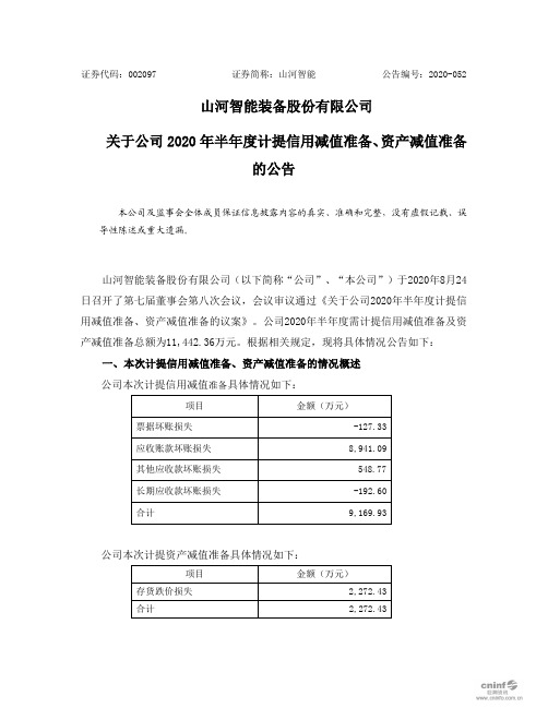 山河智能：关于公司2020年半年度计提信用减值准备、资产减值准备的公告