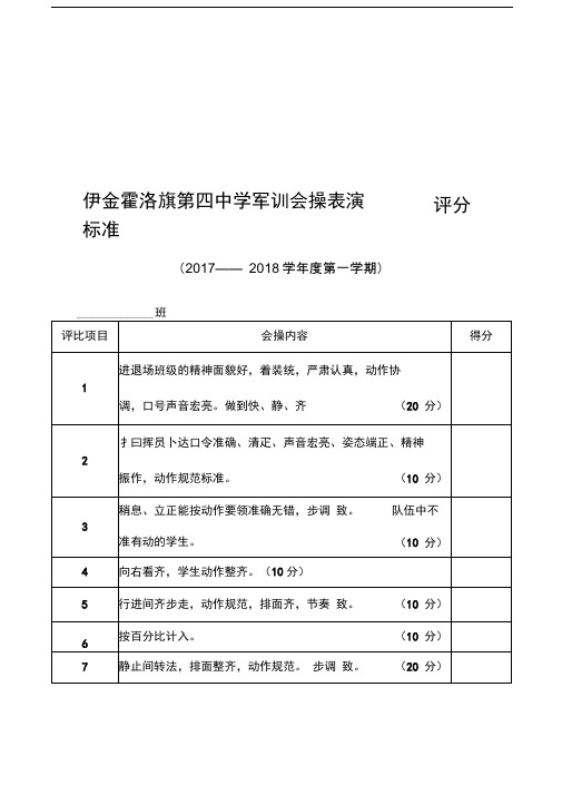 军训会操表演评分表及各班级总评分