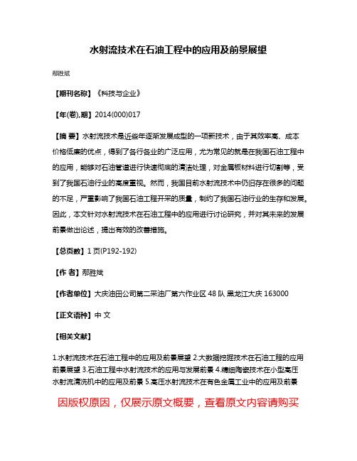 水射流技术在石油工程中的应用及前景展望