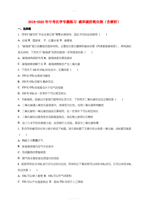 2019-2020年中考化学专题练习 碳和碳的氧化物(含解析)