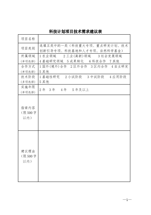 科技计划项目技术需求建议表