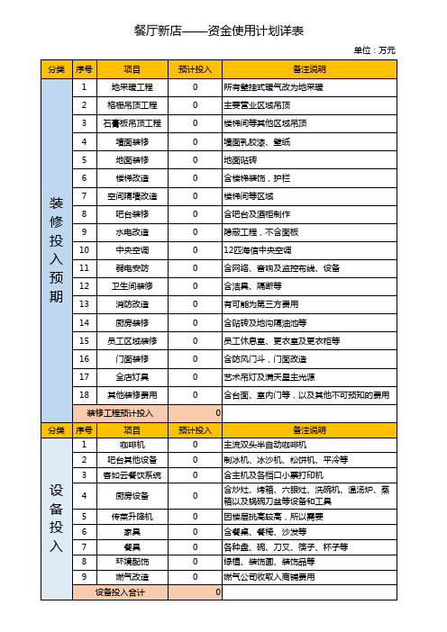 新店资金投入计划表