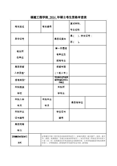 福建工程学院2014年硕士考生资格审查表