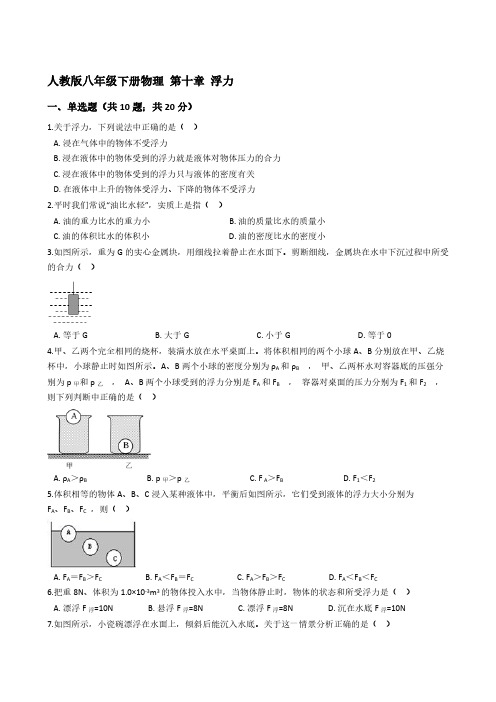 人教版初中物理八年级下册 第10章 浮力 单元测试【含答案】