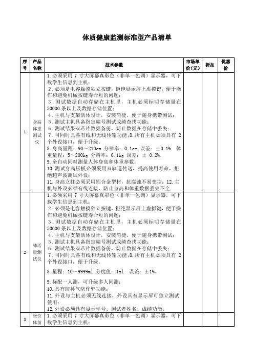 体质健康监测标准型产品清单