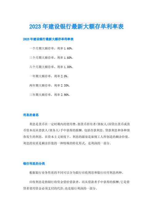 2023年建设银行最新大额存单利率表