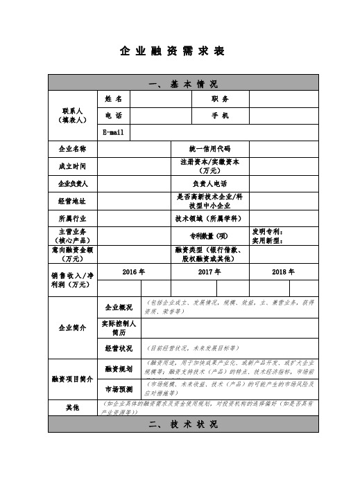 企业融资需求表